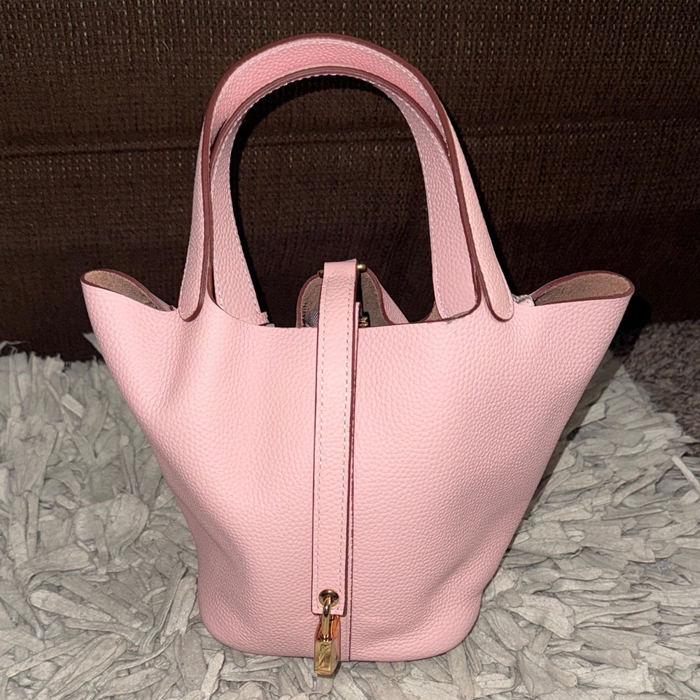 Pink Leather Tote Bag with Gold Hardware